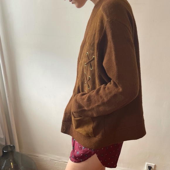 Vintage Oversized Knit Cardigan Sweater with Suede Panels and Lace Up Detail - Picture 4 of 16